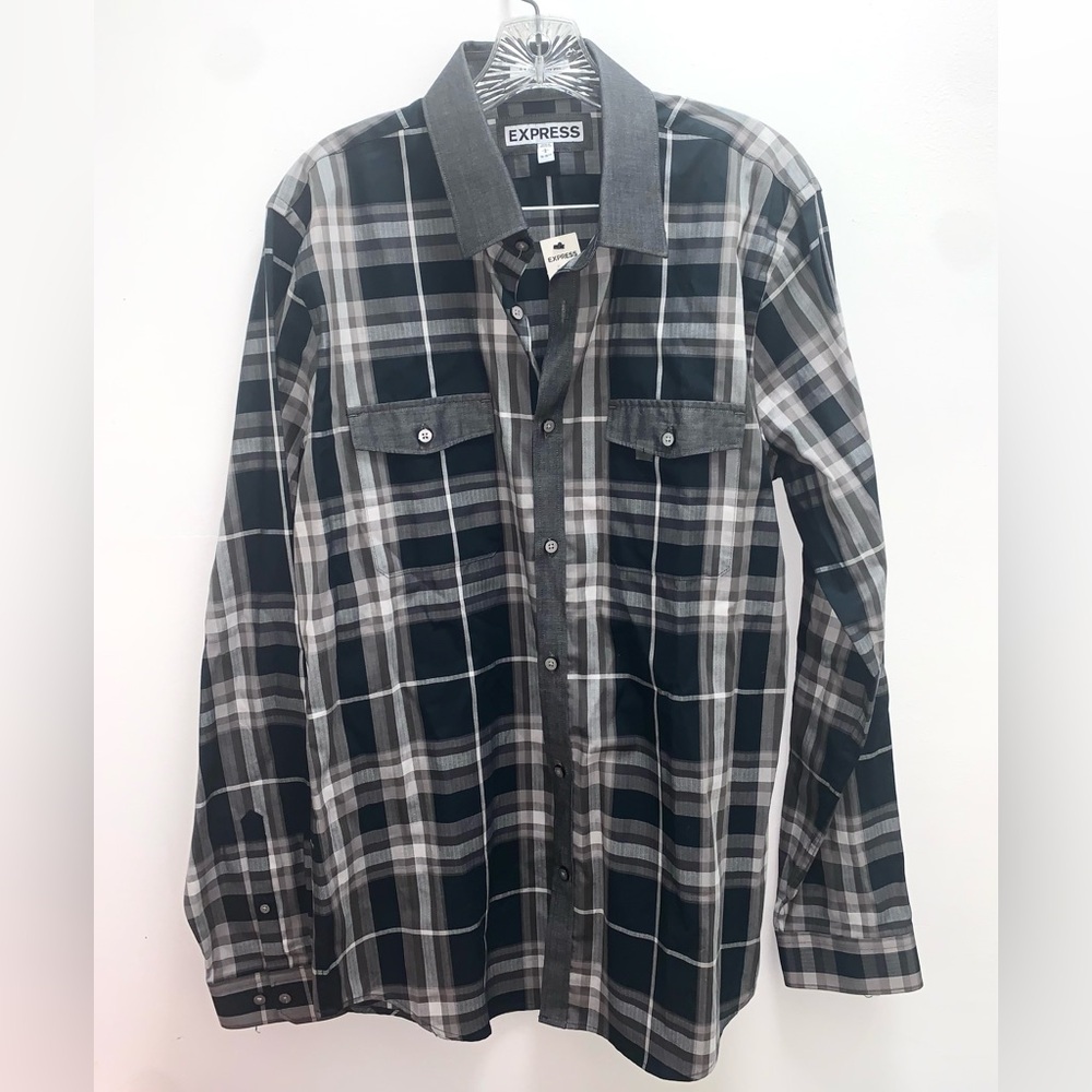Express Men’s Plaid Button Down Collared Shirt Size Large 16-16.5”